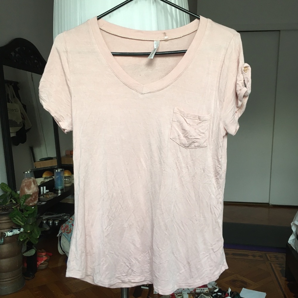 Light Pink V Neck T-shirt Button Sleeves Top Rose